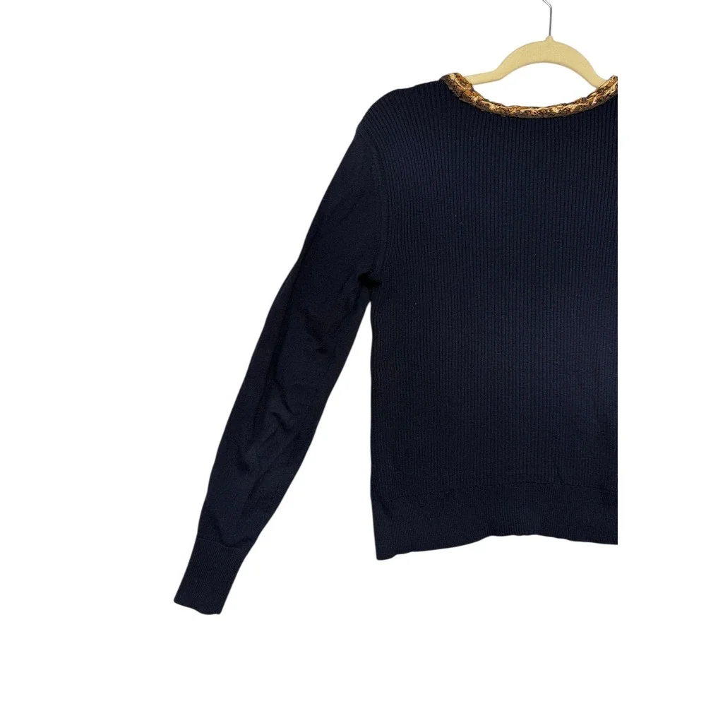 Tory Burch Black Knit Sweater Textured‎ Metallic Front Panel XS